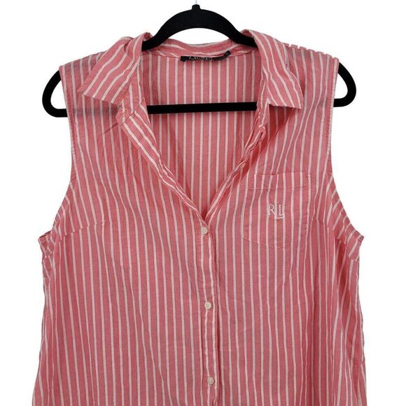 Y2K Ralph Lauren Shirt Dress XL Pink Striped Button Front Cotton Logo Nautical - Picture 4 of 10